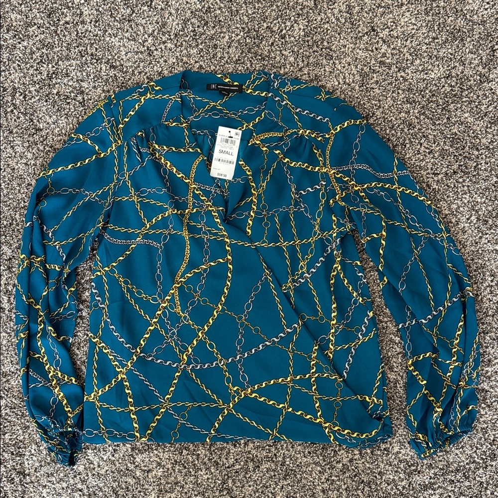 INC top International Concepts small blouse top work blue gold chains NWT